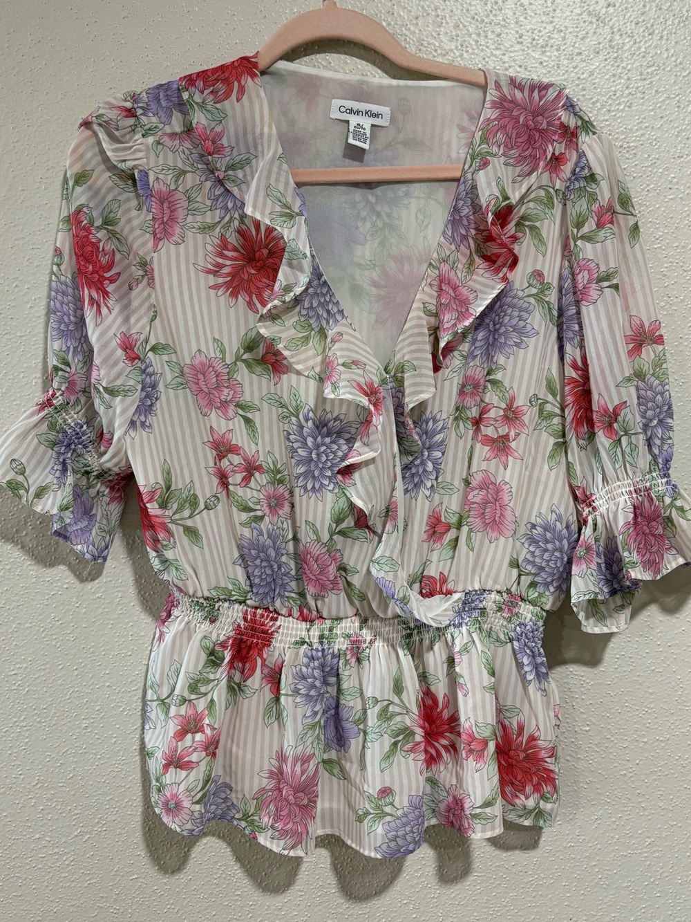 Calvin Klein Floral Faux Wrap Blouse | XL | Sheer Ruffle Top